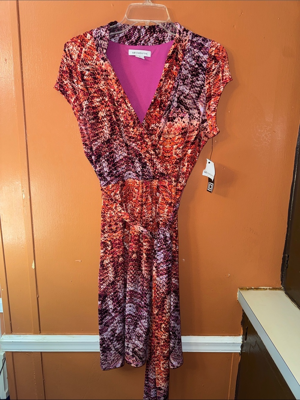 Liz Claiborne Pink and Orange Printed Midi Wrap Dress with V-Neck